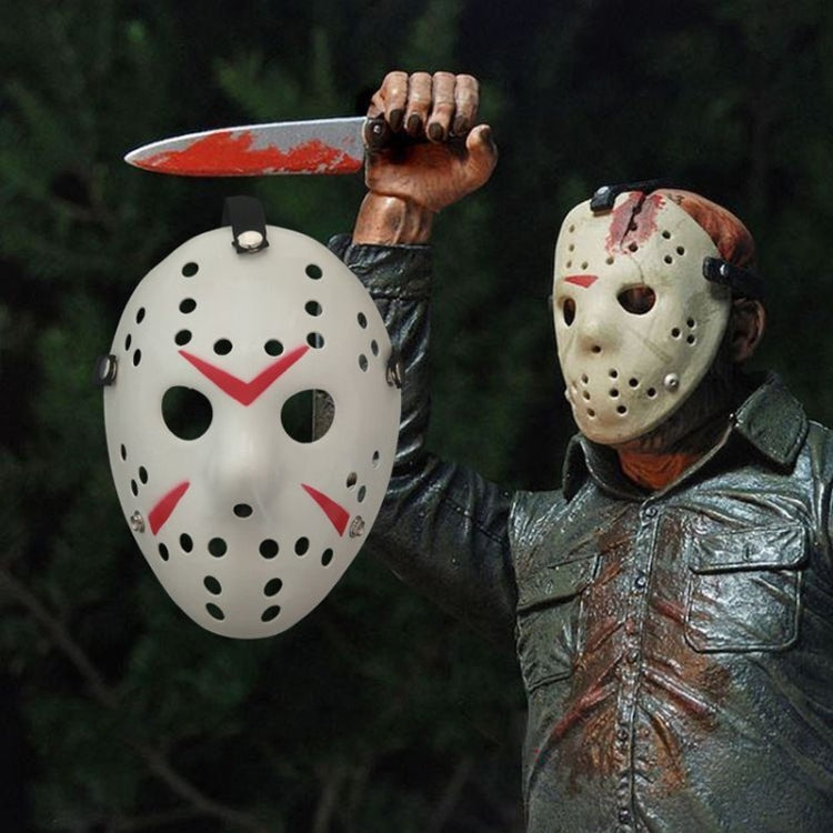 Two people wearing Jason-style masks; white mask and cream mask with dotted vents and red marks