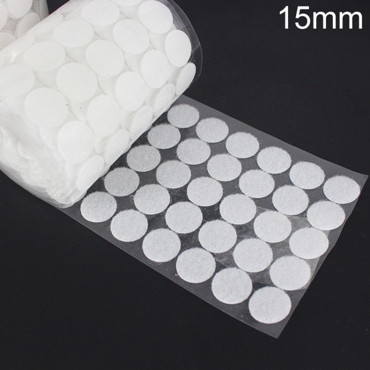 White round hook-and-loop fastener dots on adhesive tape backing, 15mm