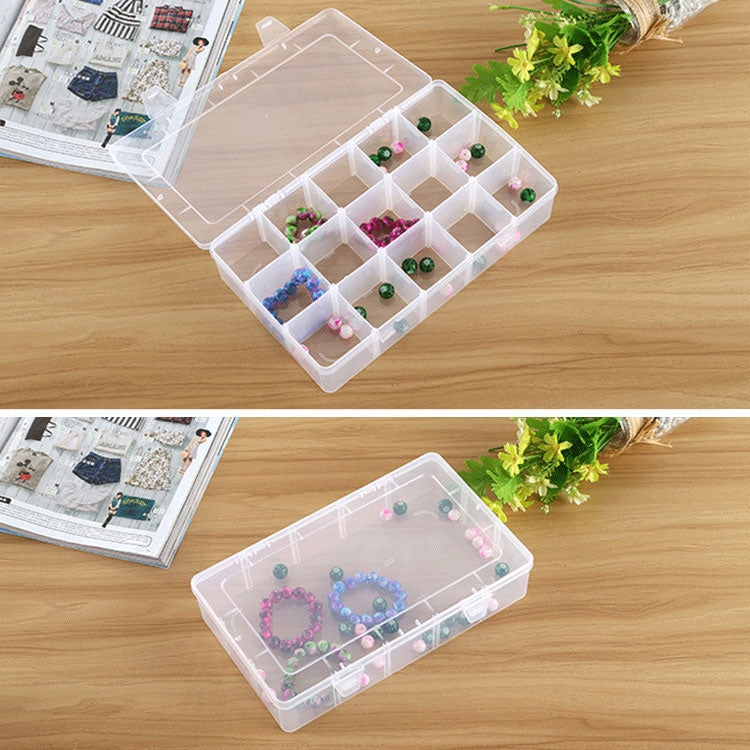 Clear plastic organizer box with open lid, 15 compartments, and visible bead jewelry items
