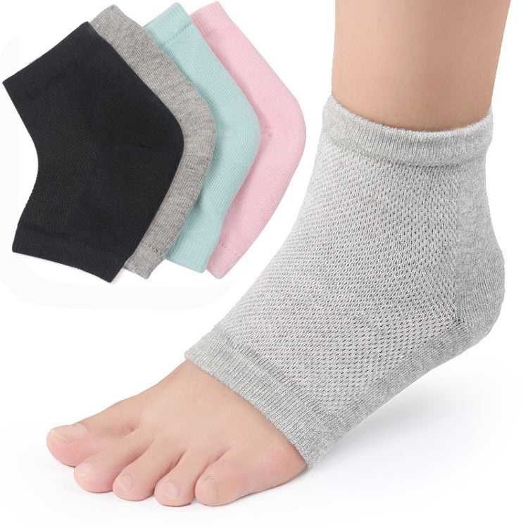 Gray heel gel socks on foot with inset options in black, blue, and pink