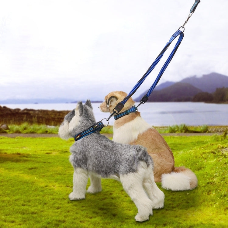 Pet double-traction braided rope leash in blue reflective nylon with black straps and clips
