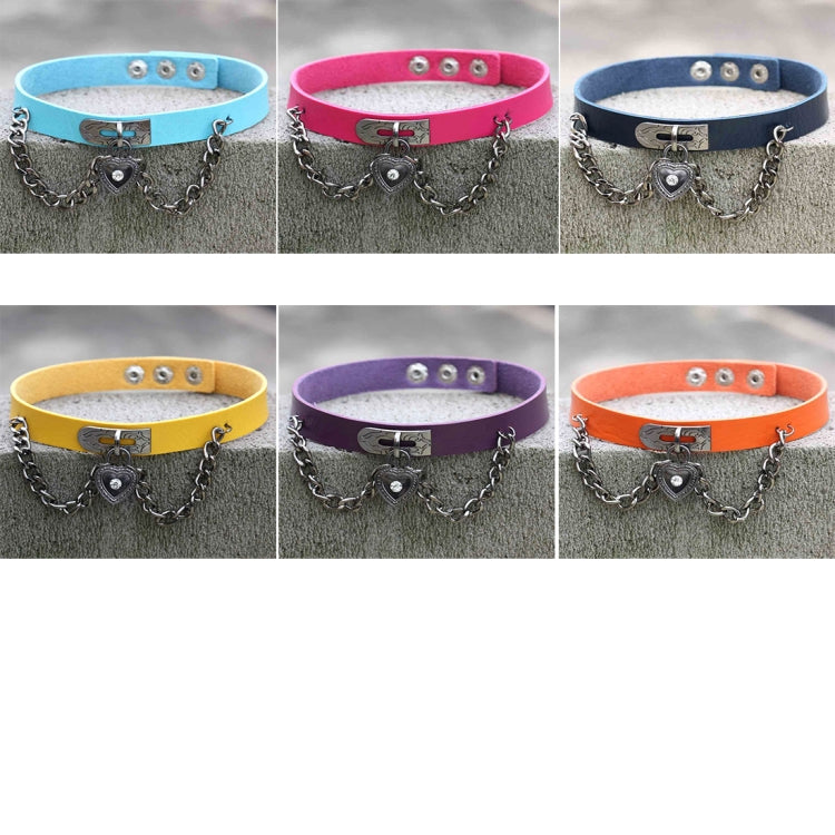 More assorted heart-lock leather choker bracelets in bright colors with chain links