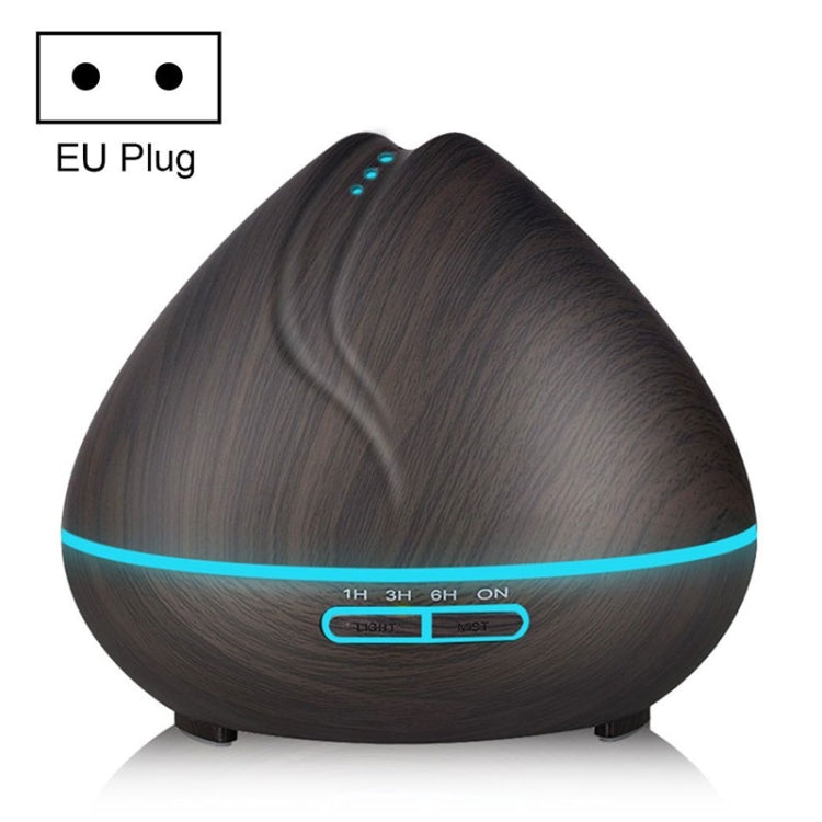 Dark wood-grain peach-shaped ultrasonic humidifier with blue LED ring and buttons