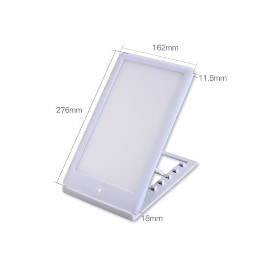 Portable light therapy lamp with slim white body and folding stand, size diagram