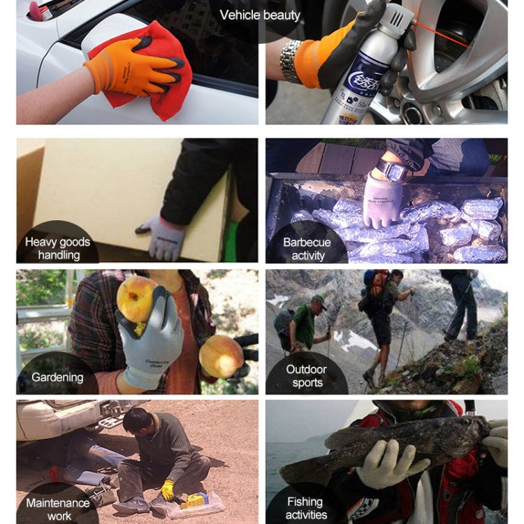 Work gloves shown in multiple tasks, black grip palms and gray knit cuffs