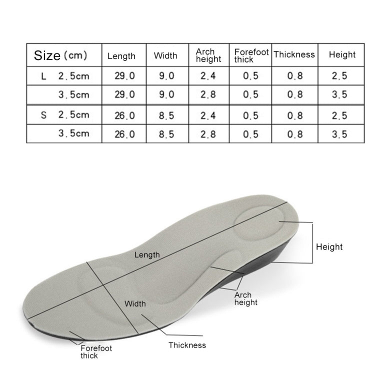 Size L measurement chart and diagram for 2.5 cm height-increase insole insert