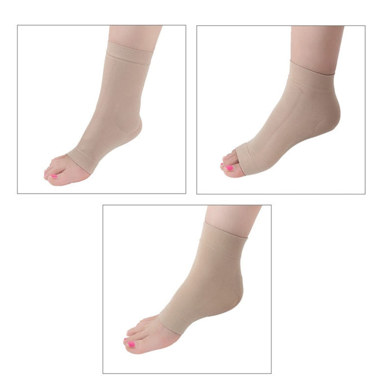 Ankle protection sleeve socks worn, beige; model shows foot angles with elastic ankle cuff.
