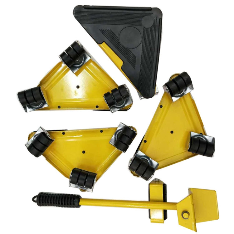 Yellow 5-in-1 furniture mover dolly set with triangular pads and caster wheels