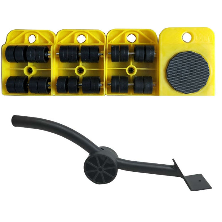 Yellow plastic crowbar mover tool with black handle, roller head, and flat plate
