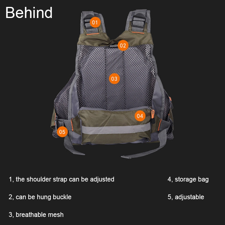 Grey fishing life vest back view with adjustable straps and large rear storage panel