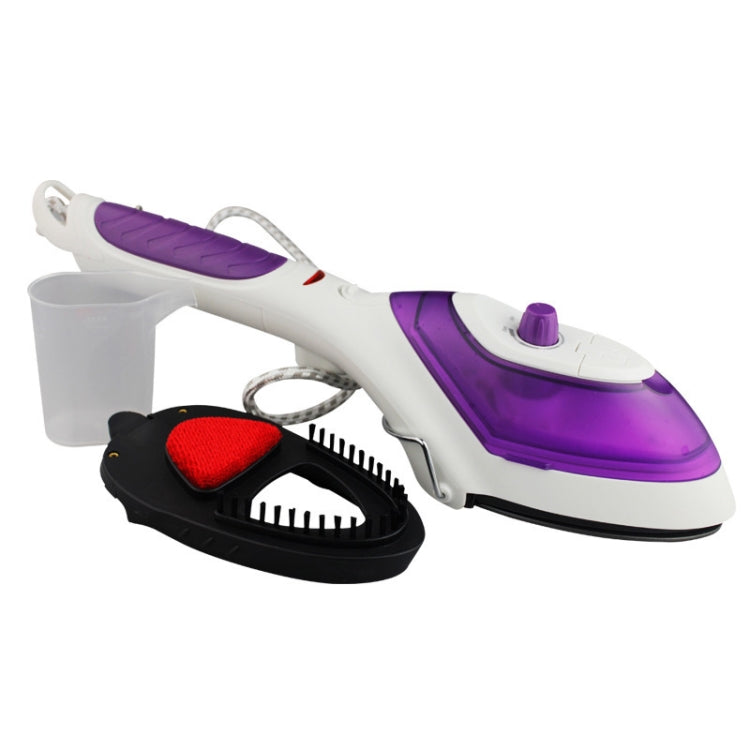 Purple handheld steam ironer with fabric brush attachment and red cleaning pad