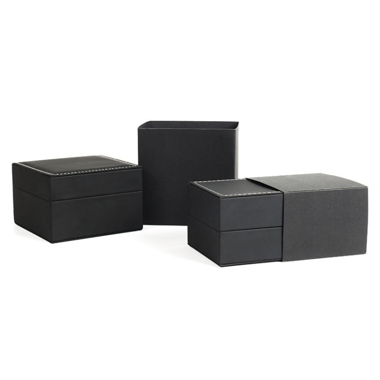 Set of black PU watch storage boxes with cushioned, stitched lids and bases