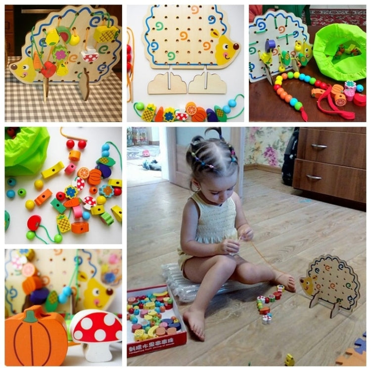 Wooden hedgehog bead board toy with colorful beads on display for play