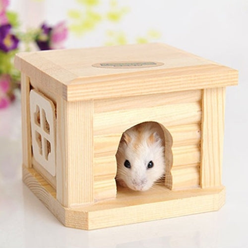 Light wood pet flat-roof hut with front opening; hamster looking out from inside