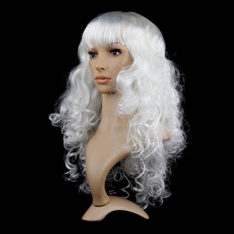 Long white curly wig with bangs on a mannequin head, side view