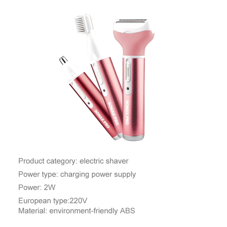 Pink 3-in-1 electric shaver kit with rose handle and two white grooming attachments