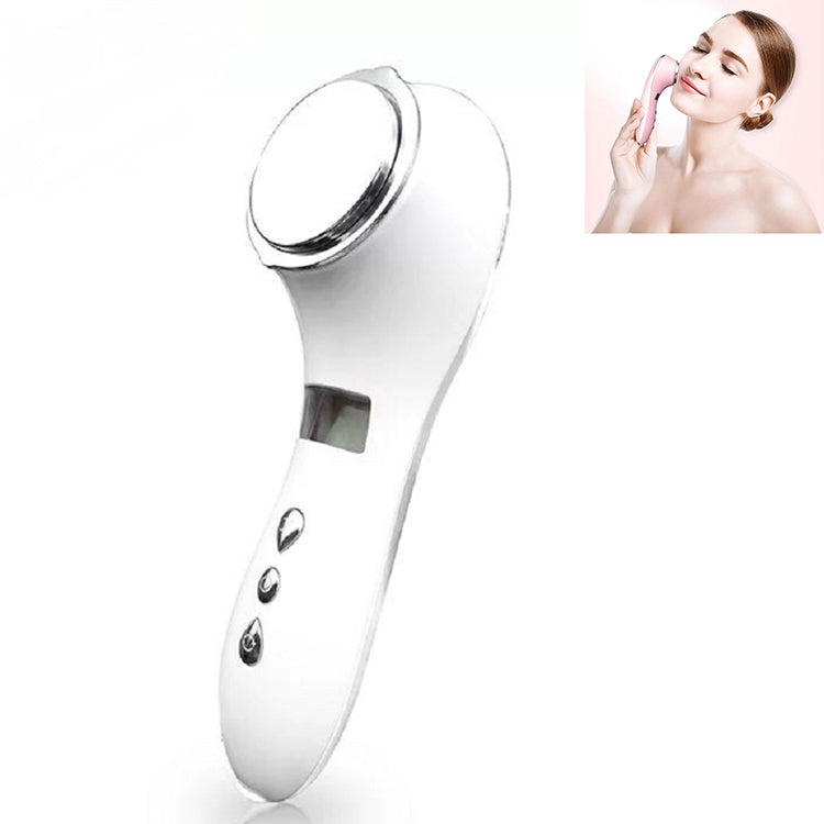 White handheld facial ion importer with round metal head and button controls