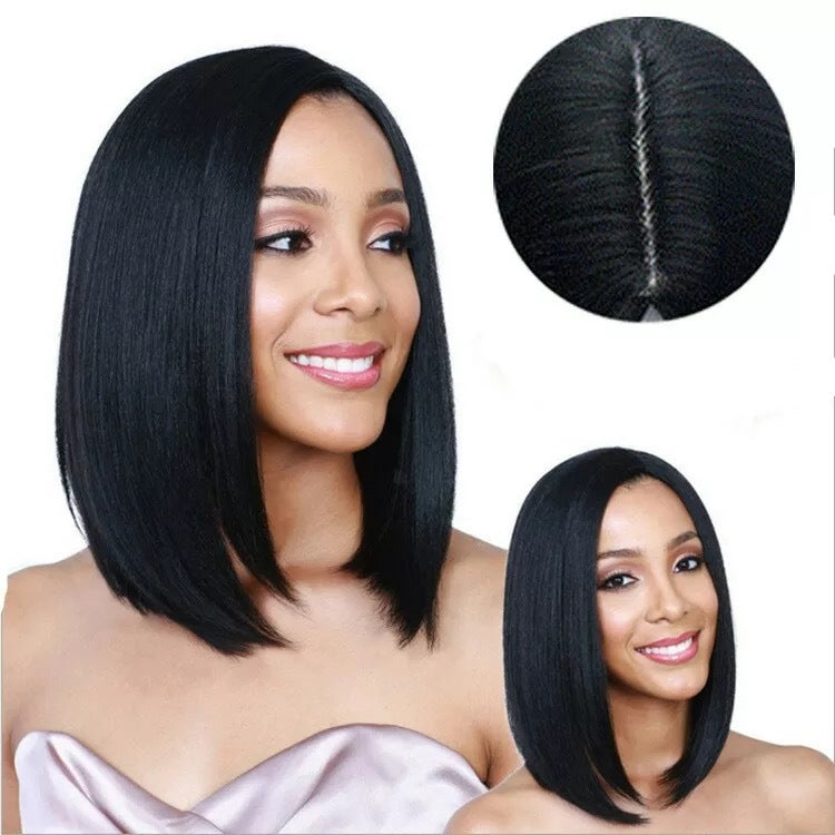 Women’s black center-part straight wig with hair texture close-up and model