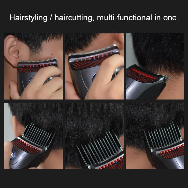 Electric hair clipper in use on hair, showing adjustable cutting guard and guide combs