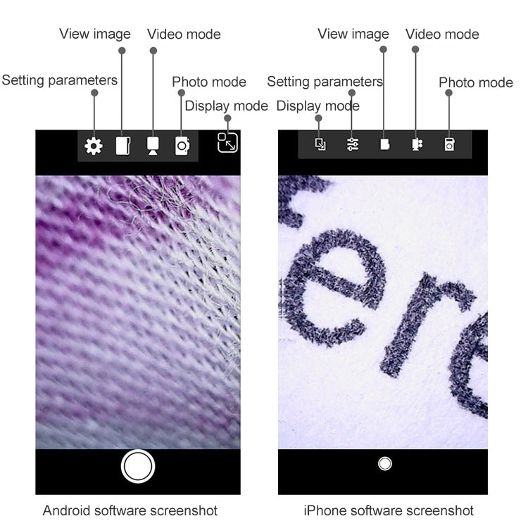 Smartphone app screen showing photo and video modes for endoscope viewing