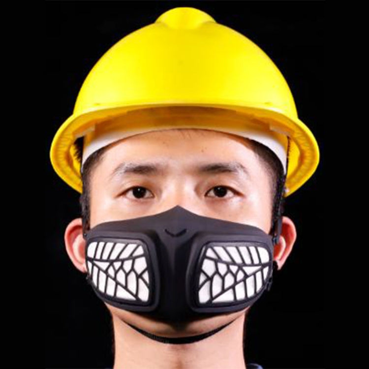 Black respirator mask worn on face with front vent panels