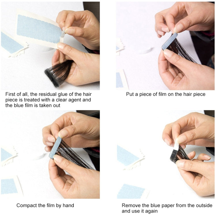 Hands applying teal PU wig film to hair and removing outer blue paper backing