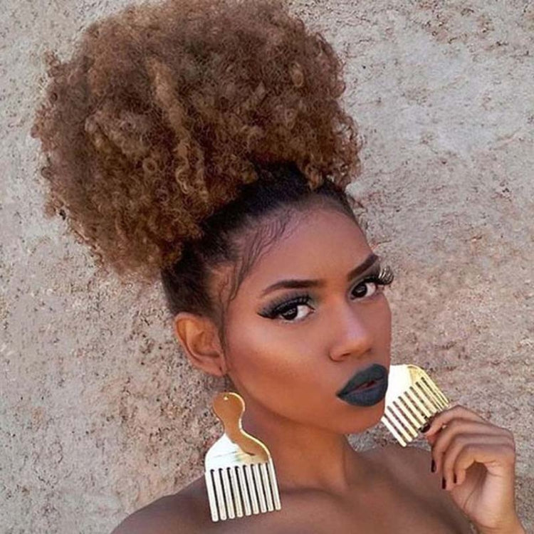 Curly hair wig with brown puff curls and short curled fringe