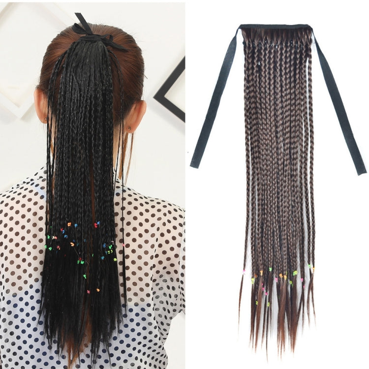 Gray-brown braided ponytail hair extension with two fabric straps and multicolor thread accents