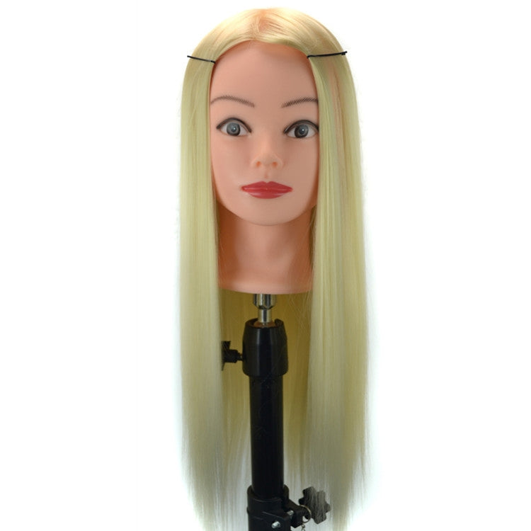 Wig styling mannequin head with long straight blonde wig hair and visible stand