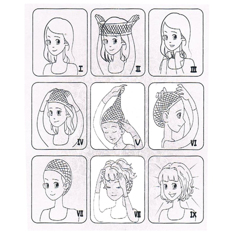 Wig fitting instructions diagram showing cap placement and styling steps