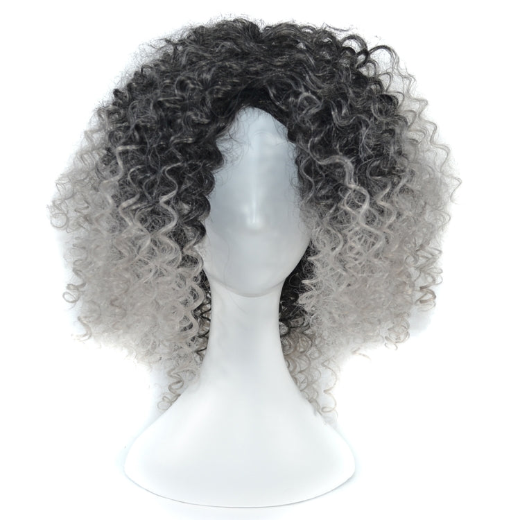 Curly wig headgear with voluminous short dark curls, close front on mannequin
