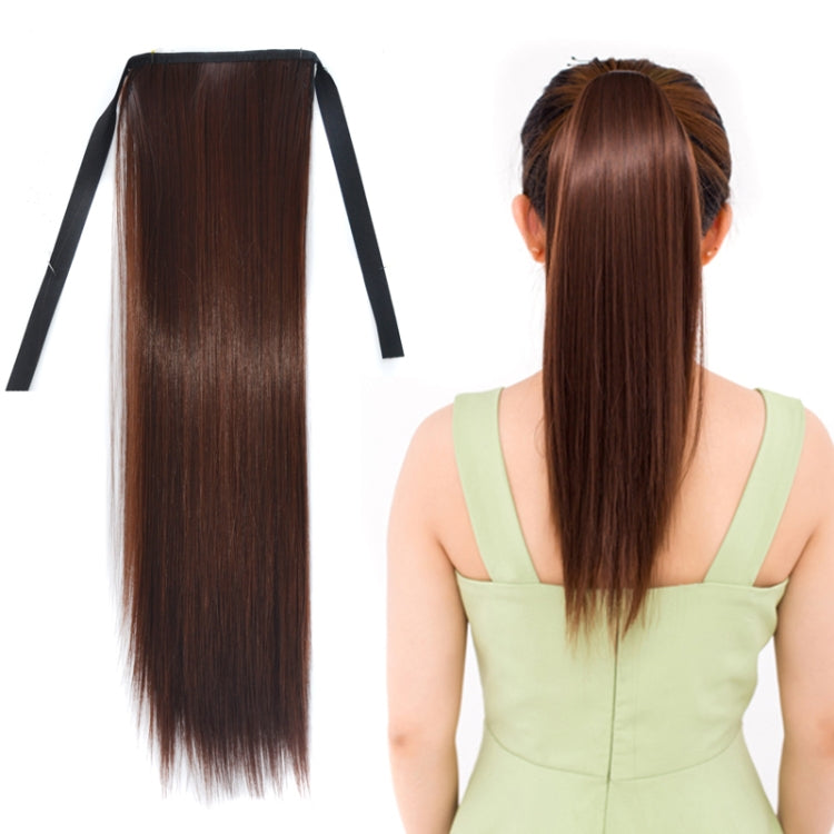 Medium brown long straight ponytail wig worn on back, sleek straight hair top band