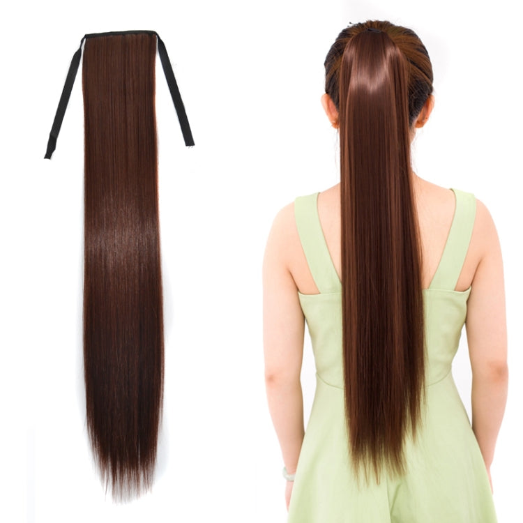 Long straight dark brown ponytail wig hairpiece with model back view