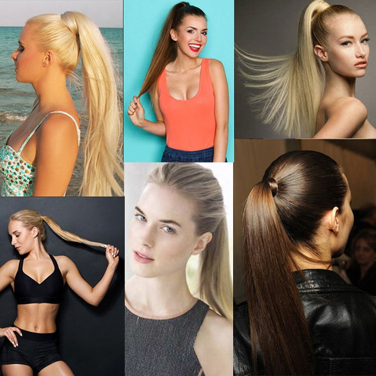 Model wearing long straight high ponytail wig with sleek pulled-back style