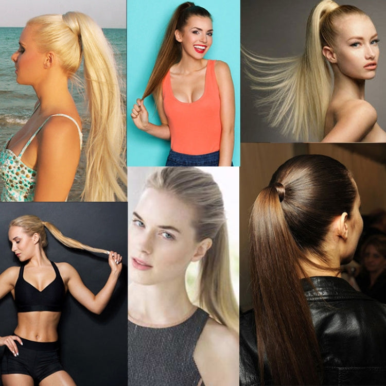 Ponytail wig worn by models, long straight hair pulled into a high ponytail