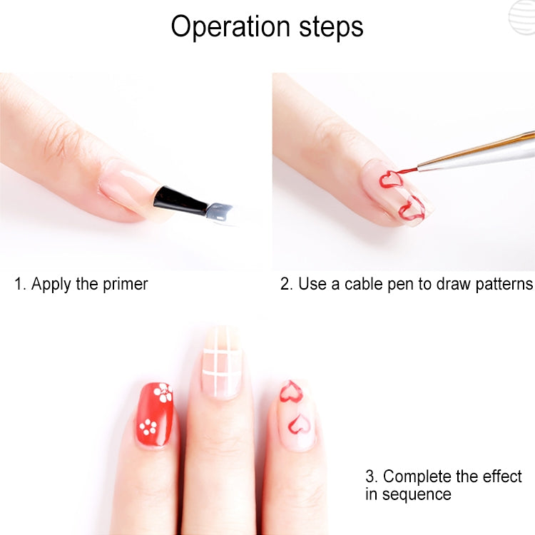 Nail art operation steps showing priming and drawing patterns with a fine pen tip