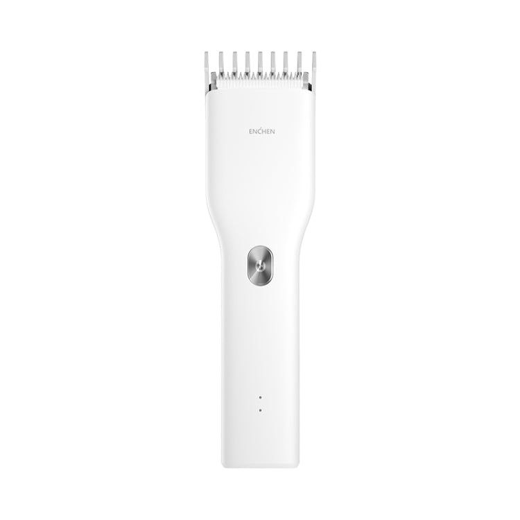White electric hair trimmer with comb guide and metal cutting blades