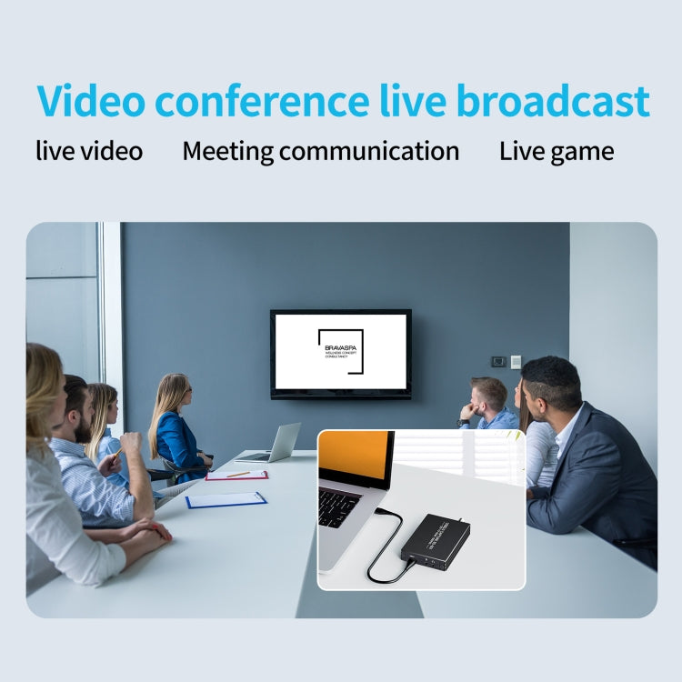 Compact black HDMI to SDI USB 3.0 capture converter on a conference table