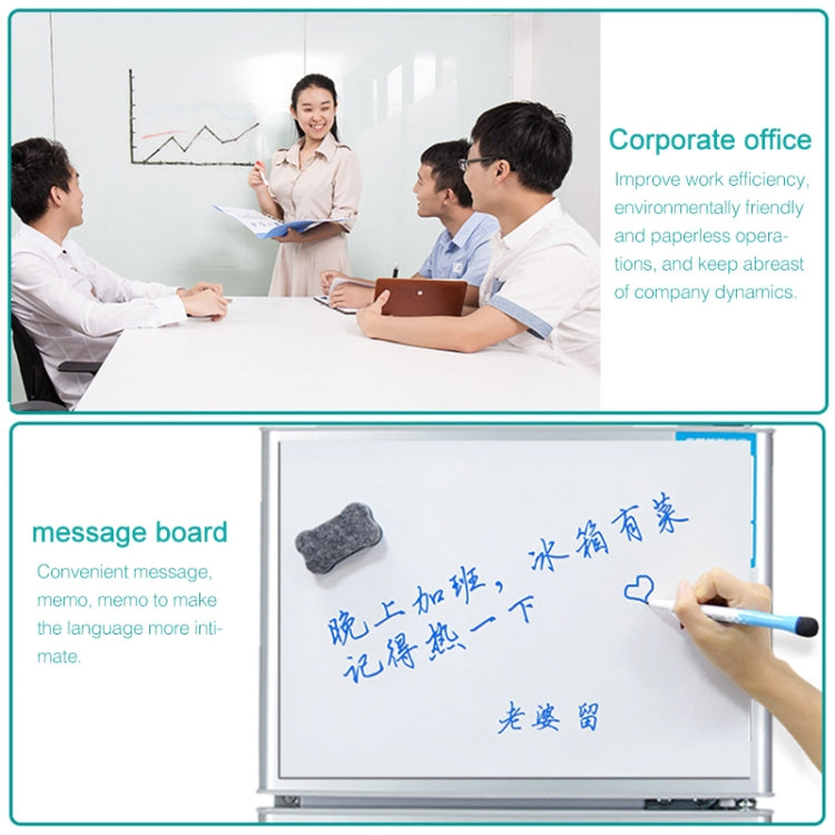 Fridge message board with handwritten blue notes and marker held at the tray
