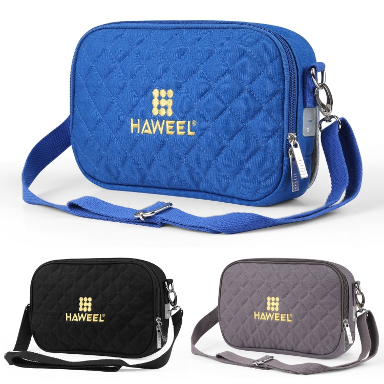 Quilted small messenger shoulder bag in black and grey, HAWEEL logo, zip pockets, straps.