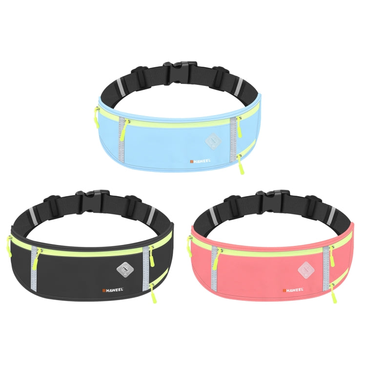 Running belt waist packs in blue, black, and pink with adjustable straps and front zip pocket.