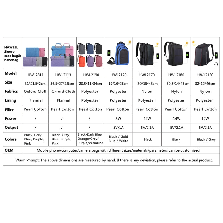 Backpack size and power specifications chart with model numbers and fabric details