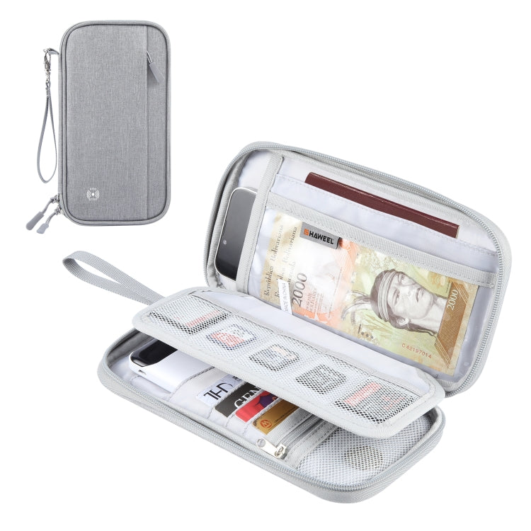 Gray passport wallet clutch bag open with card slots and zippered compartments