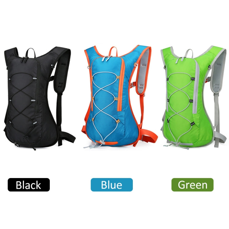 Hydration backpack set: black, blue, and green front views with hydration tube.