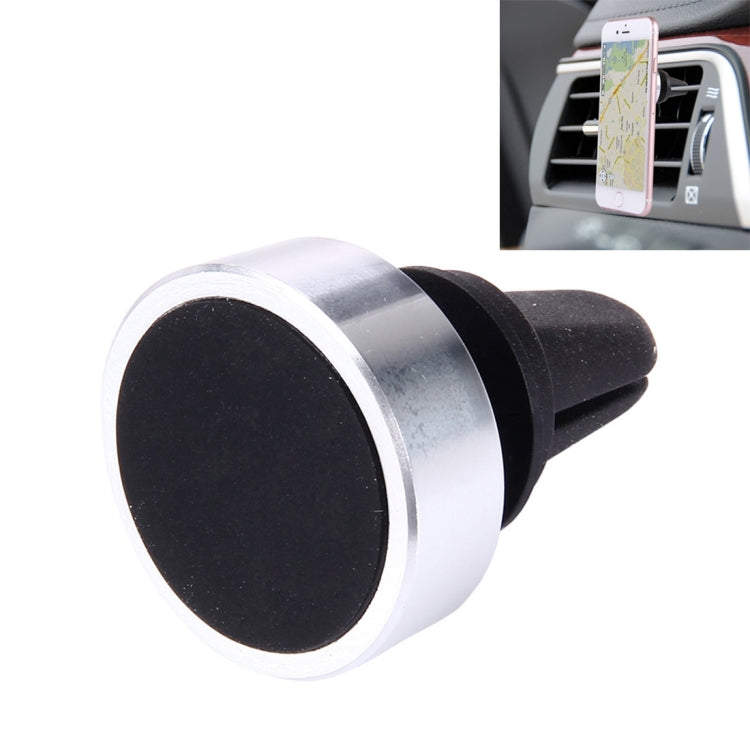 Silver magnetic air vent phone holder with round black center and silver metal ring