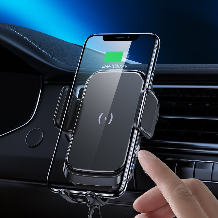 Car air vent wireless charging phone holder with phone clamped in place, black