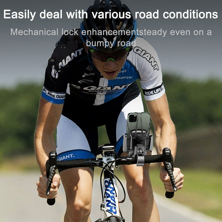Bicycle phone holder mounted on handlebars with smartphone securely held