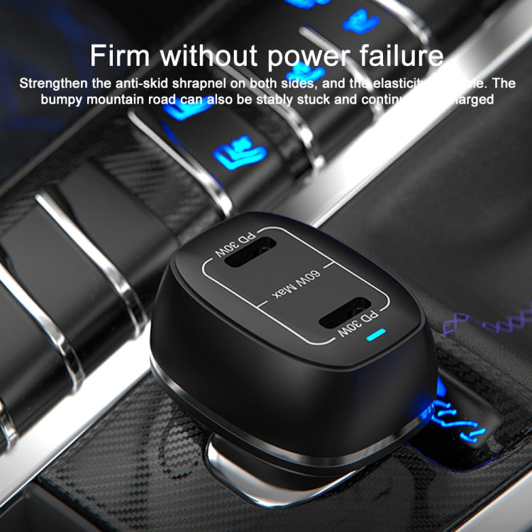 Black car charger tip with blue status light, dual USB-C ports for fast charging.