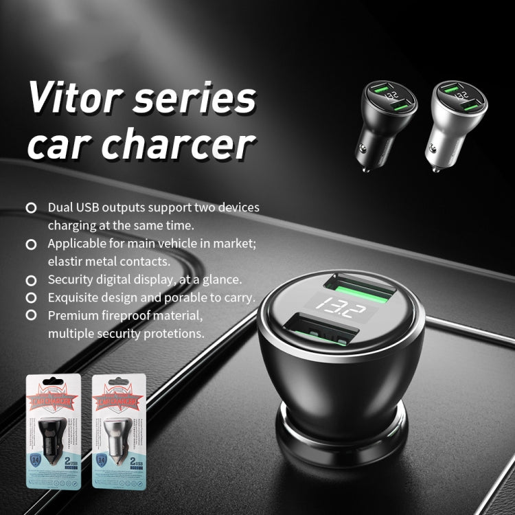 Dual USB car chargers with digital display, silver and black, on car mount