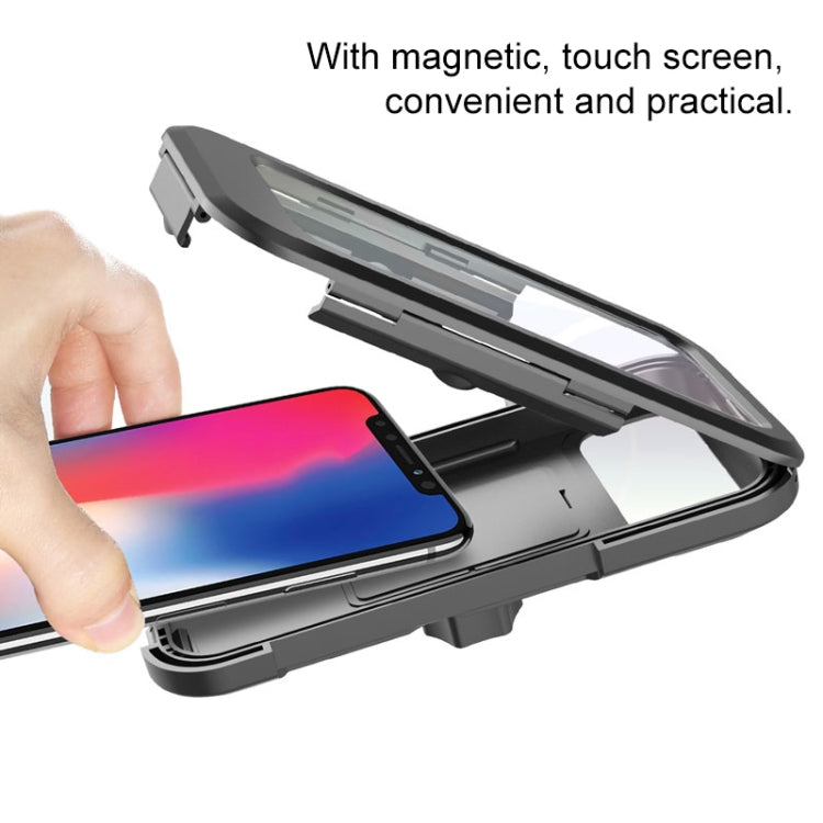 Bicycle touch screen holder with hinged cover and magnetic latch, dark gray frame